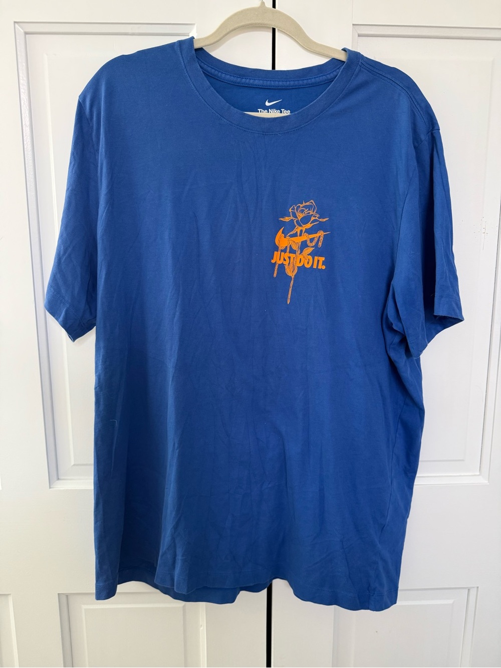 Nike Blue Short Sleeve Tee with Orange 'Just Do It' Rose Graphic